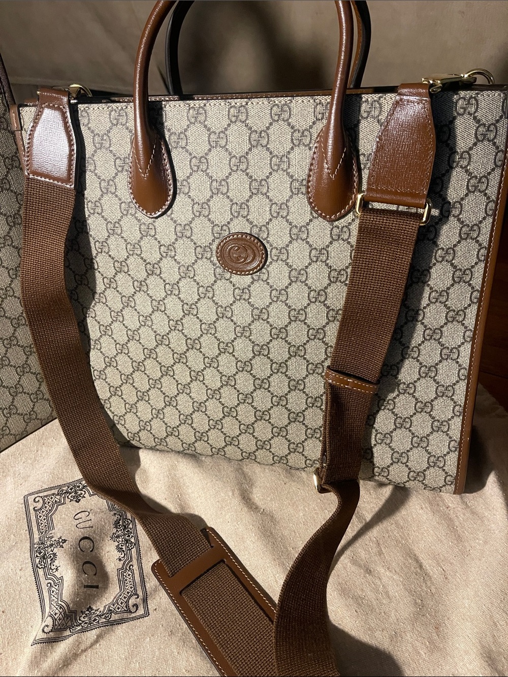 Gucci Beige/Brown GG Supreme Bag with Green-Red Web Stripe & Tote Bag (ITALY) - Picture 5 of 7